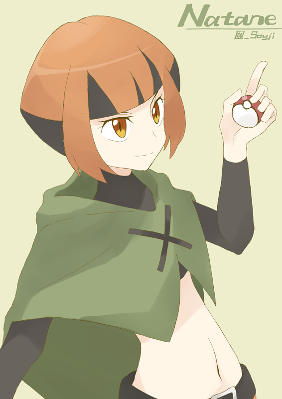 1girl belt black_hair brown_eyes brown_hair cape character_name gym_leader holding holding_poke_ball midriff multicolored_hair natane_(pokemon) navel poke_ball pokemon pokemon_(game) pokemon_dppt short_hair simple_background smile solo souji twitter_username two-tone_hair