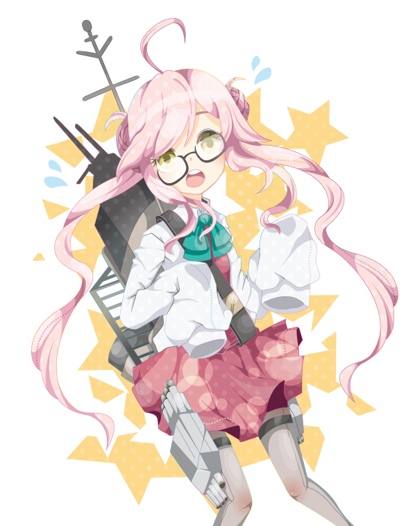 1girl ahoge arishiki bowtie double_bun glasses hair_bun kantai_collection long_hair looking_at_viewer machinery makigumo_(kantai_collection) open_mouth pink_hair pleated_skirt school_uniform skirt sleeves_past_wrists solo twintails yellow_eyes