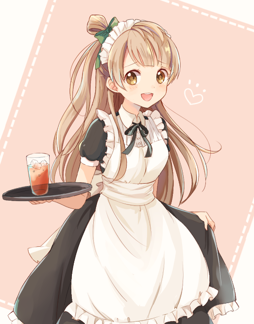 1girl apron blush brown_eyes brown_hair dress drink hair_ribbon happy heart long_hair love_live!_school_idol_project maid maid_headdress may_(madel) minami_kotori one_side_up open_mouth pink_background ribbon simple_background smile solo tray