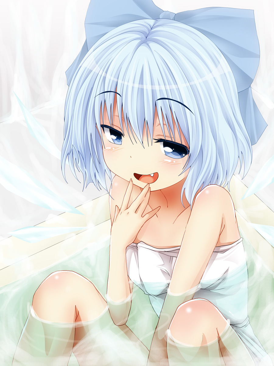 1girl bath bathing blue_eyes blue_hair cirno collarbone fang hand_to_own_mouth highres ice ice_wings looking_at_viewer ma-yu naked_towel short_hair smile solo touhou towel wings