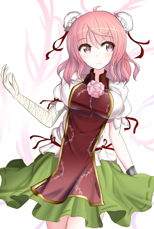 1girl bandages blush breasts bun_cover chinese_clothes cuffs double_bun flower ibaraki_kasen large_breasts open_mouth pink_eyes pink_hair red_eyes rose short_hair skirt solo tabard touhou zibun_owl