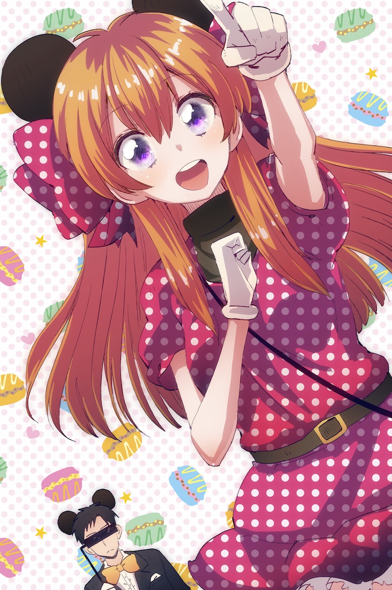 1boy 1girl animal_ears blush bow cream_(nipakupa) disney dress fake_animal_ears gekkan_shoujo_nozaki-kun hair_bow highres long_hair mickey_mouse mickey_mouse_(cosplay) minnie_mouse minnie_mouse_(cosplay) mouse_ears nozaki_umetarou open_mouth orange_hair polka_dot polka_dot_bow polka_dot_dress sakura_chiyo violet_eyes