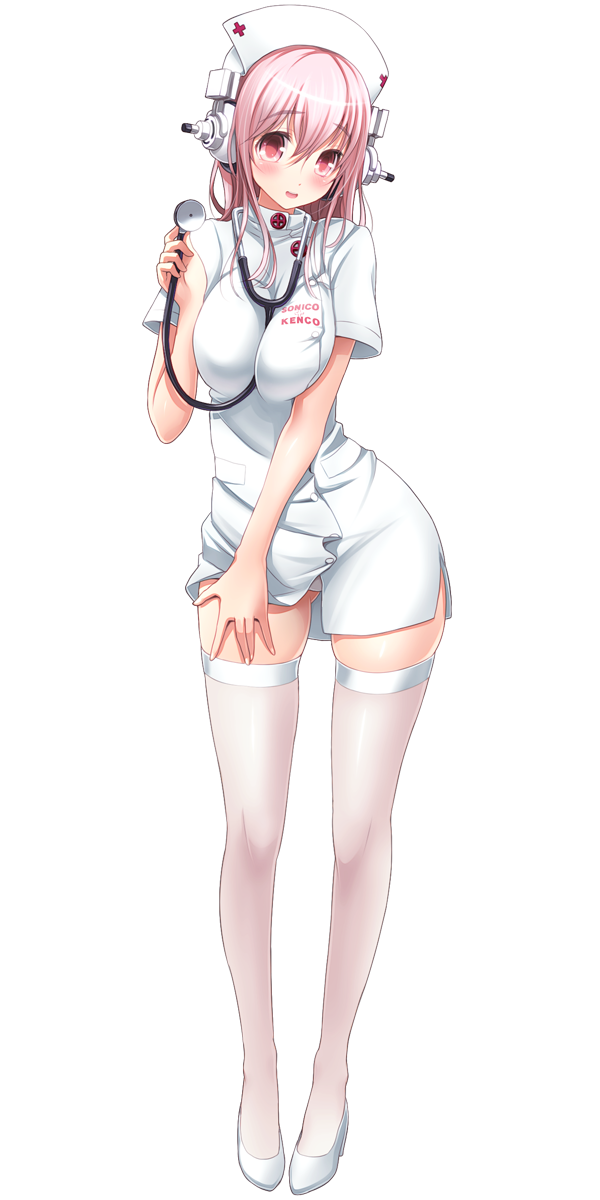 1girl bangs between_breasts blush breast_squeeze breasts eyebrows_visible_through_hair female full_body hair_between_eyes hand_on_thigh hat headphones highres holding large_breasts long_hair looking_at_viewer nitroplus nurse nurse_cap open_mouth panties pink_eyes pink_hair shoes short_sleeves simple_background slender_waist smile solo standing stethoscope super_sonico thigh-highs thighhighs underwear v-mag white_background white_legwear white_panties