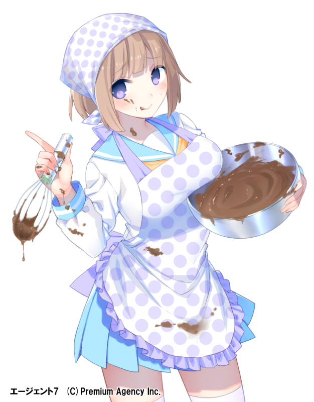1girl :q agent_7 apron brown_hair chocolate donacoo food food_on_face head_scarf headwear looking_at_viewer mixing_bowl official_art original pleated_skirt school_uniform serafuku short_hair simple_background skirt solo tongue tongue_out violet_eyes whisk white_background