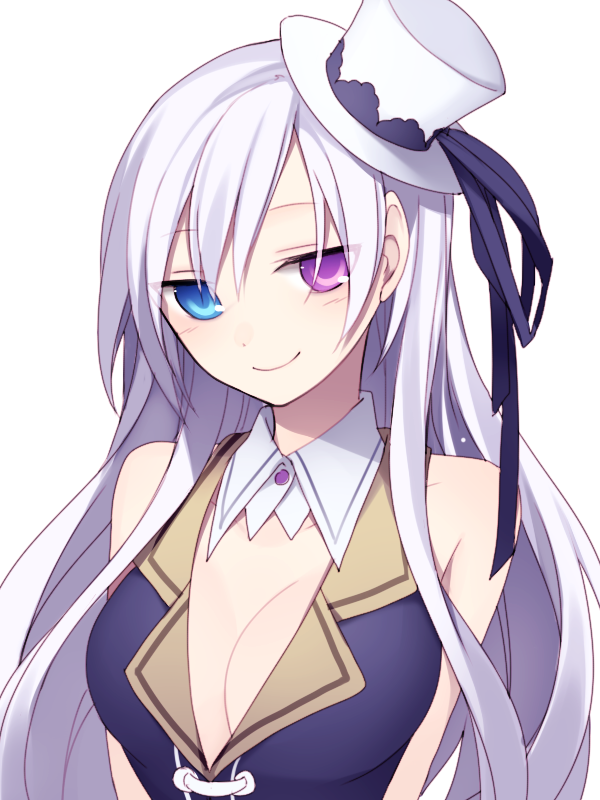 1girl breasts cleavage hat heterochromia hijiri_(resetter) long_hair looking_at_viewer original simple_background sketch smile solo white_background white_hair