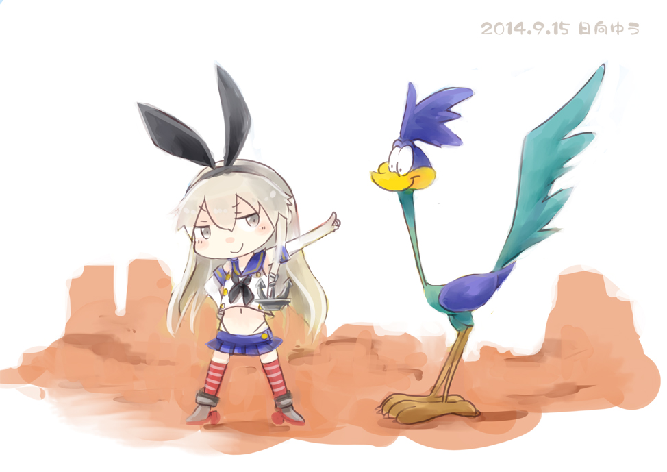 1girl blonde_hair commentary crossover dated desert elbow_gloves gloves hinata_yuu kantai_collection long_hair looney_tunes panties pleated_skirt road_runner_(looney_toons) roadrunner shimakaze_(kantai_collection) signature skirt striped striped_legwear thigh-highs trait_connection underwear