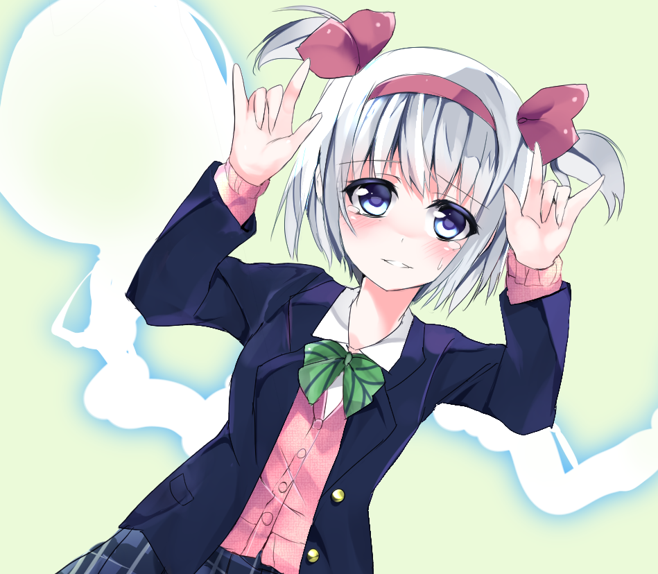 1girl blazer blue_eyes bowtie cardigan_vest hair_ribbon hairband hitodama konpaku_youmu konpaku_youmu_(ghost) love_live!_school_idol_project plaid plaid_skirt ribbon school_uniform shamzo_kai sign_language silver_hair skirt smile touhou two_side_up yazawa_nico yazawa_nico_(cosplay)