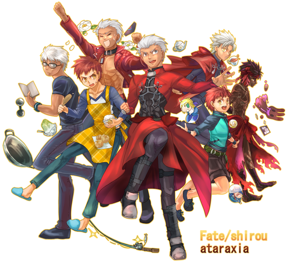 6+boys apron archer avenger barbell brown_hair capsule_servant carnival_phantasm chibi dark_skin emiya_shirou fate/extra fate/extra_ccc fate/hollow_ataraxia fate/stay_night fate/zero fate_(series) flower grail-kun kotomine_shirou lancer mizu_hp multiple_boys multiple_persona redhead saber shaved_ice tagme white_hair wok