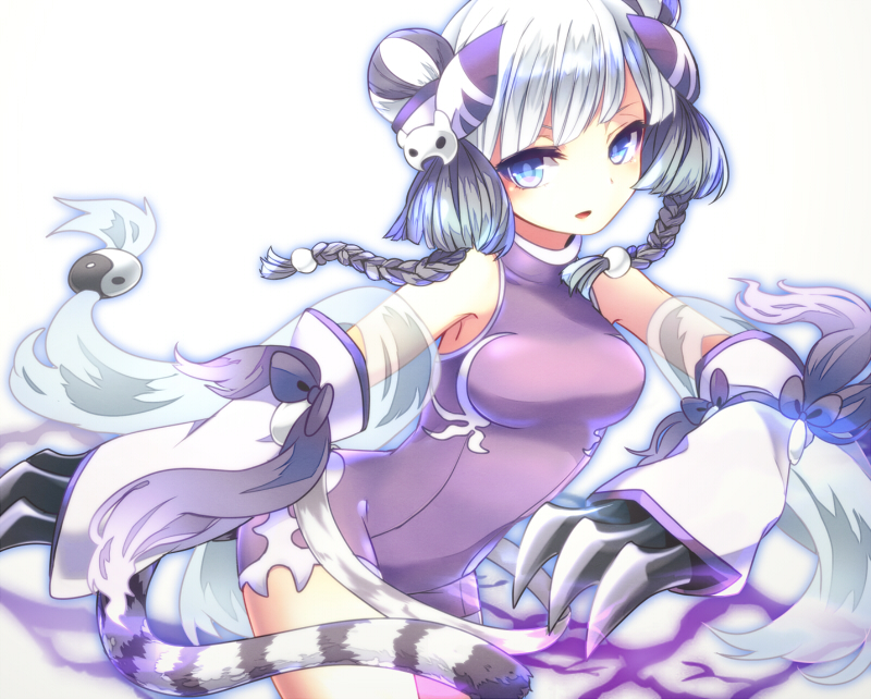 1girl bare_shoulders blue_eyes blush bow braid cat_hair_ornament china_dress chinese_clothes claws dress hair_ornament haku_(p&amp;d) long_hair merlusa multicolored_hair open_mouth purple_bow purple_dress purple_hair puzzle_&amp;_dragons simple_background sleeveless sleeveless_dress solo tail tiger_tail twin_braids two-tone_hair white_background white_hair yin_yang