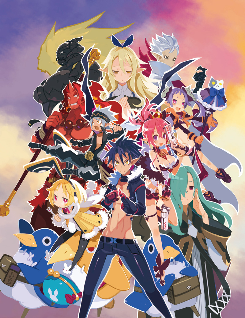 6+boys 6+girls adjusting_glasses armor black_hair black_legwear blonde_hair breasts character_request choker cleavage cropped_jacket crown disgaea earmuffs everyone expressionless fighting_stance glasses gloves green_hair grey_hair gun hair_over_one_eye hairband harada_takehito headband horn kicking kiria_(disgaea) leotard makai_senki_disgaea_5 messy_hair miniskirt multiple_boys multiple_girls necktie official_art pants pantyhose pink_hair pointy_ears prinny purple_hair red_eyes red_skin seraphine serious shirtless shoes short_hair skirt smile staff twintails usalia_(disgaea) violet_eyes weapon white_hair yellow_eyes