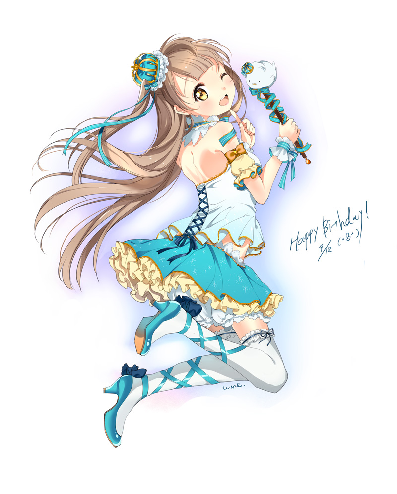 ;d ankle_lace-up bare_shoulders brown_hair cross-laced_footwear crown dated detached_collar finger_to_chin frilled_skirt frills happy_birthday long_hair looking_at_viewer love_live!_school_idol_project minami_kotori mini_crown one_eye_closed open_mouth profile skirt smile thigh-highs ume_(plumblossom) white_legwear yellow_eyes