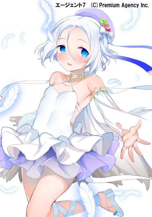 1girl :d agent_7 blue_eyes detached_sleeves donacoo dress frilled_dress frills hat looking_at_viewer official_art open_mouth original reaching short_hair simple_background smile solo white_background white_dress white_hair