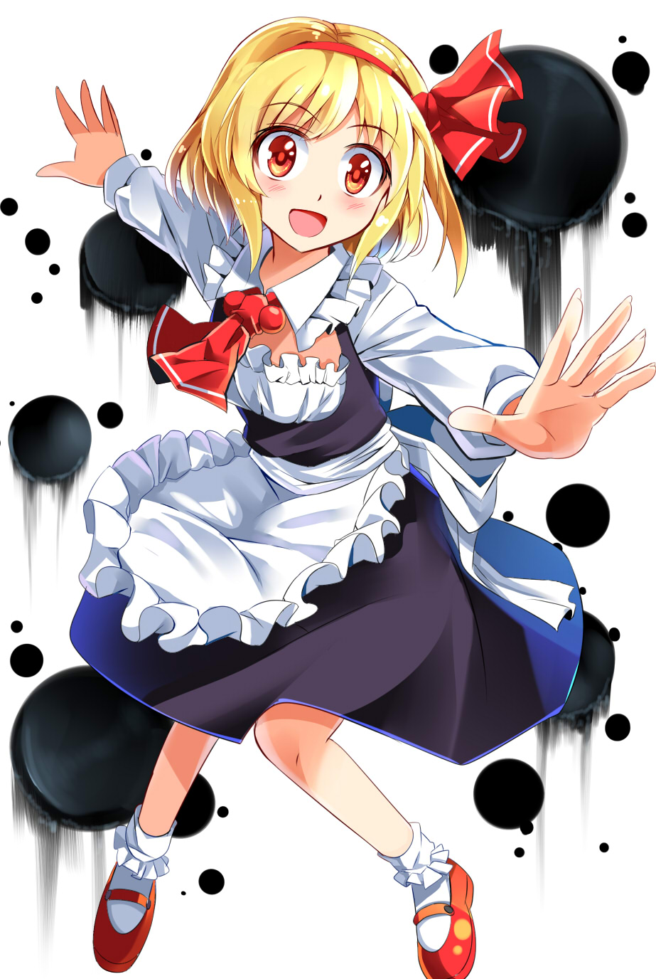 1girl :d adapted_costume alternate_costume apron ascot blonde_hair blush bobby_socks cleavage_cutout collared_shirt e.o. enmaided frilled_shirt_collar hair_ribbon hairband highres knees_together_feet_apart long_sleeves looking_at_viewer maid maid_apron mary_janes open_mouth outstretched_arms red_eyes ribbon rumia shoes short_hair smile socks solo spread_arms touhou
