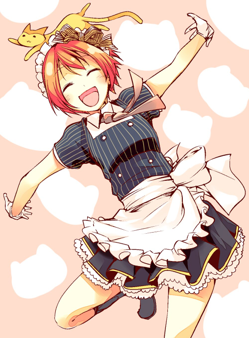 1girl :d ^_^ apron blush cat chado closed_eyes gloves hoshizora_rin love_live!_school_idol_project maid maid_apron maid_headdress open_mouth orange_hair outstretched_arms pinstripe_pattern short_hair smile solo spread_arms waist_apron