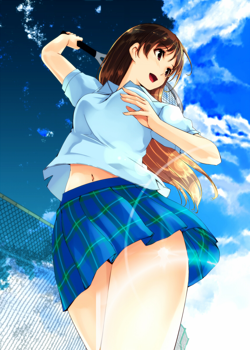 1girl arm_up breasts brown_eyes brown_hair chain-link_fence clouds cowboy_shot from_below gustav_(telomere_na) highres idolmaster idolmaster_cinderella_girls lens_flare long_hair looking_away navel nitta_minami open_mouth plaid plaid_skirt racket skirt sky solo tennis_racket