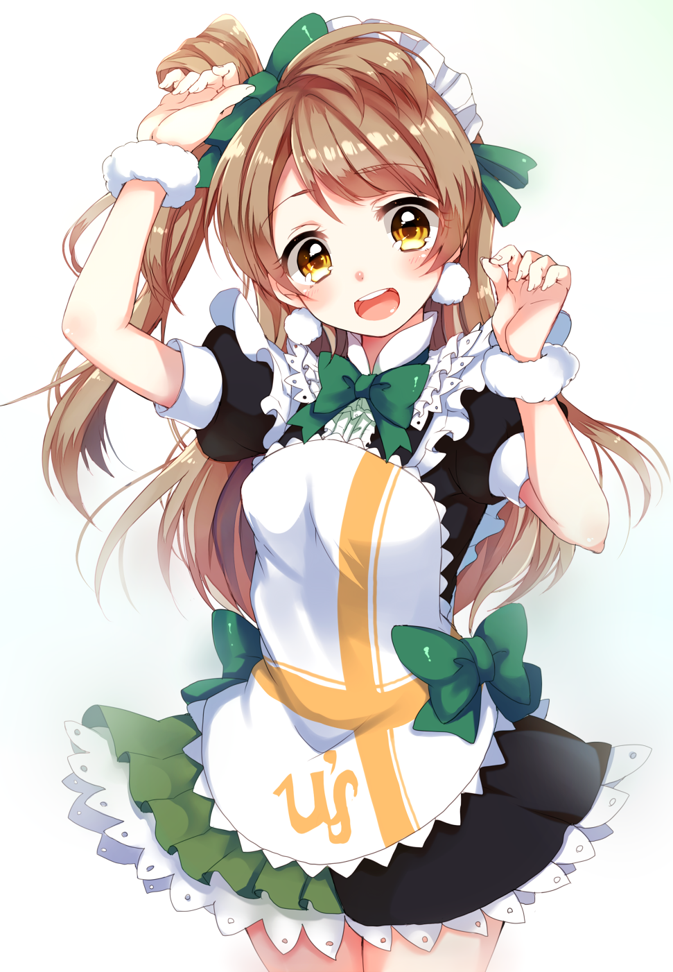 1girl :d apron arm_up black_dress bow brown_eyes brown_hair dress english green_dress hair_rings highres looking_at_viewer love_live!_school_idol_project maid_apron maid_headdress minami_kotori mogyutto_"love"_de_sekkin_chuu! multicolored_dress one_side_up open_mouth paragasu_(parags112) puffy_short_sleeves puffy_sleeves short_sleeves smile solo wrist_cuffs