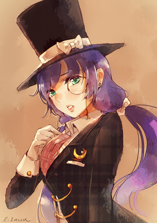 1girl alternate_costume bowtie bunny_shake faux_traditional_media formal green_eyes hat lips long_hair looking_at_viewer love_live!_school_idol_project monocle parted_lips purple_hair solo top_hat toujou_nozomi tuxedo twintails