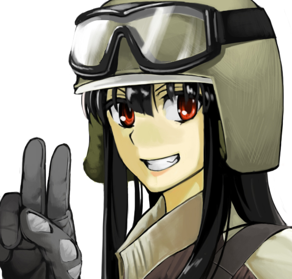 1girl battlefield_(series) battlefield_3 black_hair bust face gloves goggles goggles_on_hat grey_gloves grin hair_between_eyes helmet houraisan_kaguya hyounosen_ena lips lipstick long_hair makeup military military_uniform parody parted_lips red_eyes simple_background smile solo touhou uniform v white_background
