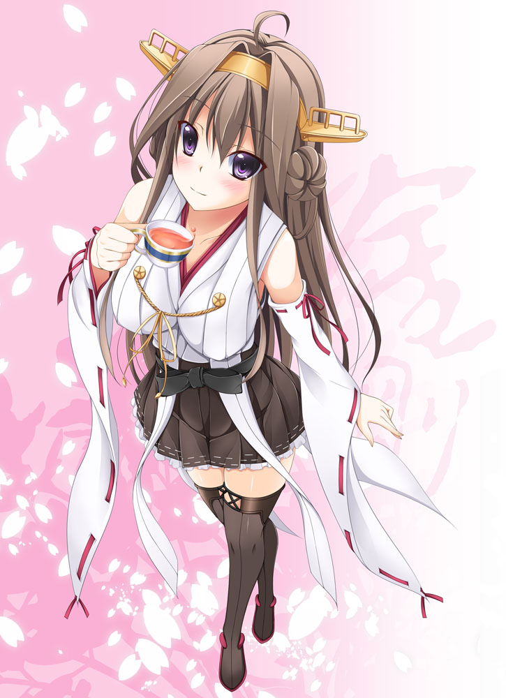 1girl ahoge black_legwear blush boots brown_hair cup detached_sleeves double_bun from_above hairband holding_cup japanese_clothes kantai_collection kongou_(kantai_collection) long_hair looking_at_viewer nontraditional_miko skirt smile tea teacup thigh-highs thigh_boots tomosuke violet_eyes