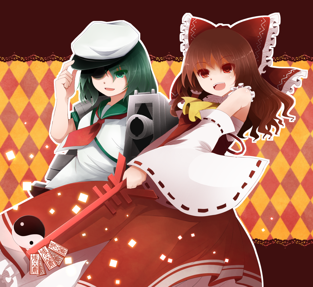 2girls :d arano_oki armor ascot bare_shoulders blush brown_hair cannon crossover detached_sleeves dress eyepatch green_eyes green_hair hakurei_reimu hat kantai_collection keyblade kingdom_hearts kiso_(kantai_collection) multiple_girls ofuda open_mouth personification red_eyes sailor_hat sarashi school_uniform serafuku smile touhou tsurime yin_yang