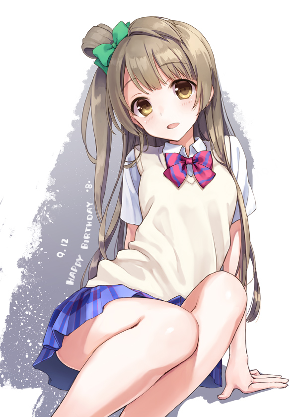 1girl :d bow brown_eyes brown_hair dated hair_bow hair_bun hair_ribbon happy_birthday irimo-m long_hair looking_at_viewer love_live!_school_idol_project minami_kotori one_side_up open_mouth plaid plaid_skirt pleated_skirt ribbon school_uniform sitting skirt smile solo sweater_vest