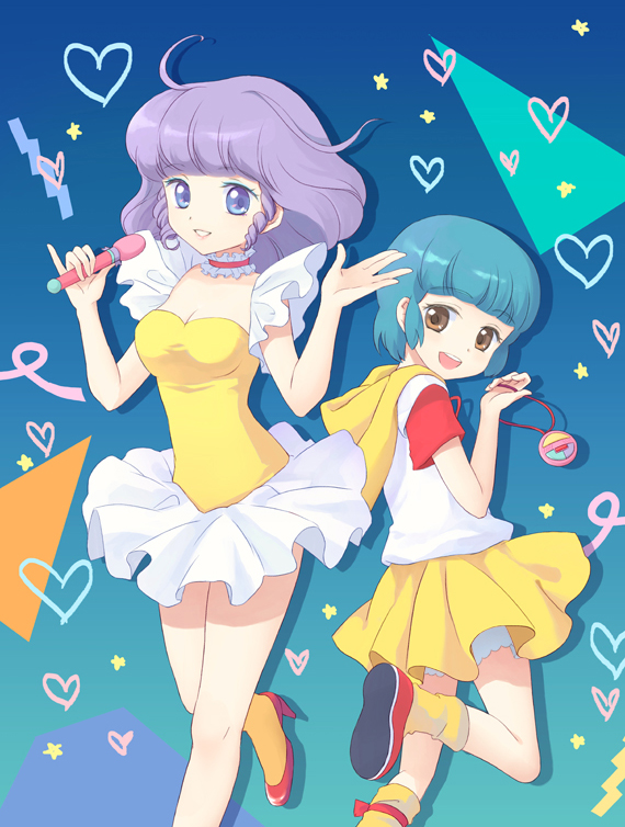 2girls :d antenna_hair blue_eyes blue_hair brown_eyes casual creamy_mami dual_persona holding hooded_sweater jewelry long_hair looking_at_viewer mahou_no_tenshi_creamy_mami microphone moai_(aoh) morisawa_yuu multiple_girls open_mouth pendant pleated_skirt purple_hair short_hair skirt smile