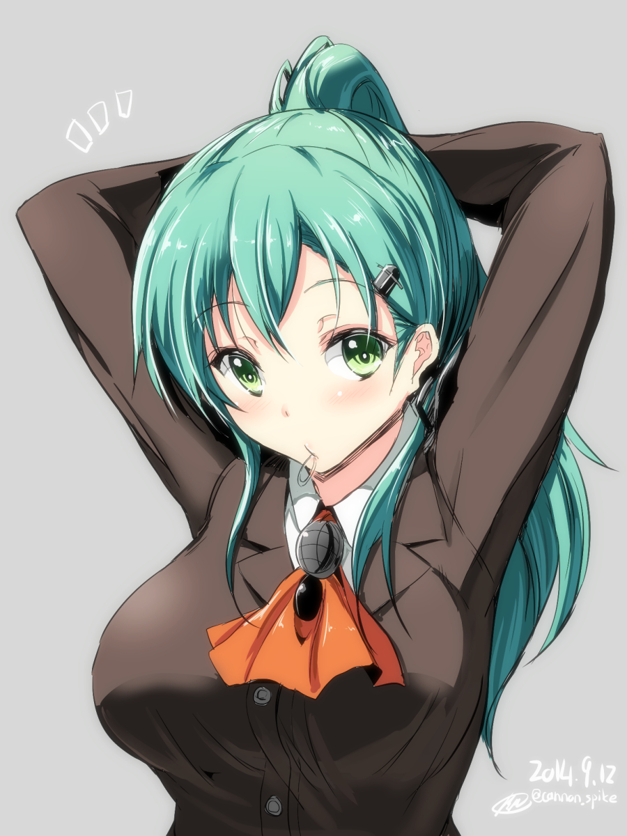 1girl adjusting_hair arms_up blush breasts bust dated gin'ichi_(akacia) green_eyes green_hair grey_background hair_ornament highres kantai_collection large_breasts long_hair looking_at_viewer mouth_hold ponytail school_uniform solo suzuya_(kantai_collection) twitter_username