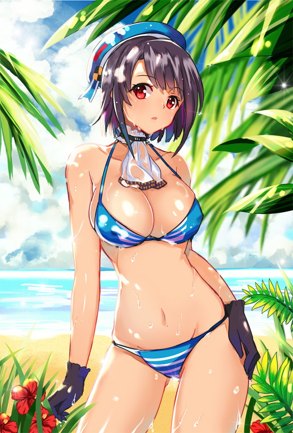 1girl ascot beach beret bikini black_gloves black_hair breasts cleavage clouds contrapposto cowboy_shot dappled_sunlight flower gloves hat horizon kantai_collection large_breasts looking_at_viewer navel ocean red_eyes short_hair sky solo striped striped_bikini striped_swimsuit swimsuit takao_(kantai_collection) wet zonana