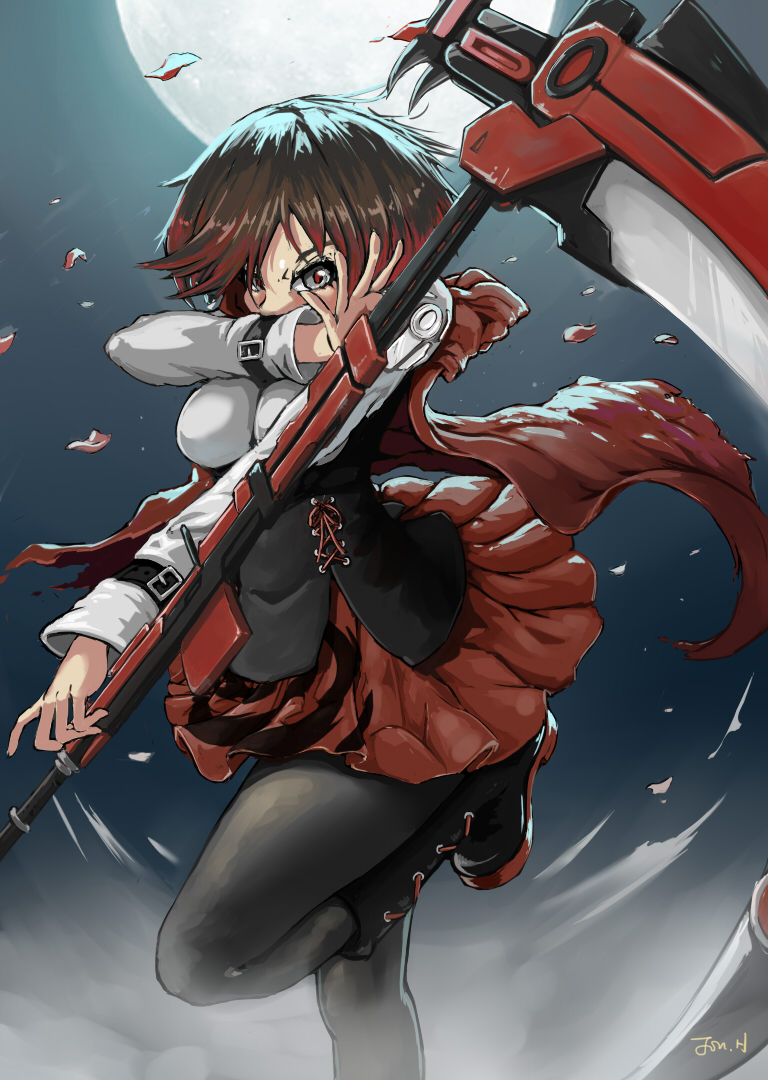 1girl artist_name black_boots black_legwear boots brown_hair buckle cape cross-laced_footwear grey_eyes jonathan_h lace-up_boots laces moon multicolored_hair night pantyhose petals red_pupils redhead rose_petals ruby_rose rwby scythe short_hair solo standing_on_one_leg two-tone_hair weapon