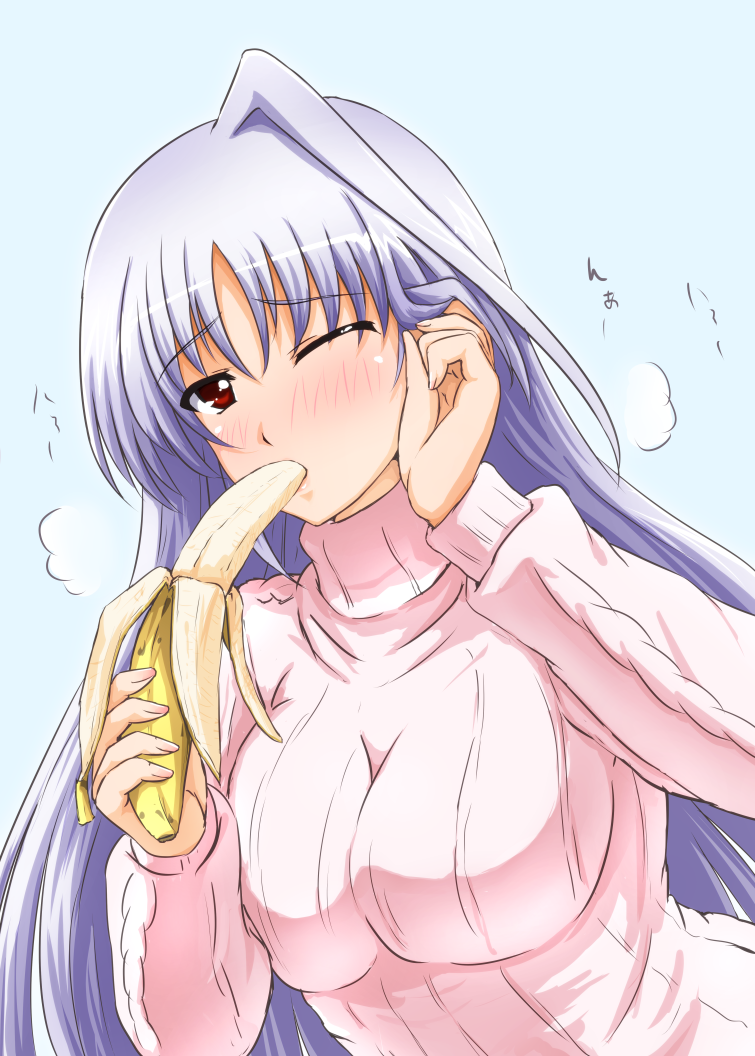 1girl banana blush breasts diesel-turbo eating food fruit impossible_clothes impossible_sweater large_breasts long_hair long_sleeves lyrical_nanoha mahou_shoujo_lyrical_nanoha mahou_shoujo_lyrical_nanoha_a's one_eye_closed reinforce sexually_suggestive silver_hair solo sweater turtleneck