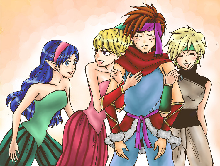 1boy 3girls arm_hug bare_shoulders blonde_hair blue_eyes blue_hair ear_studs earrings harem harem_pants headband high_ponytail jewelry krissie long_hair multiple_girls nayutoshi pants phanna pointy_ears purim randi scarf seiken_densetsu seiken_densetsu_2 short_hair smile vambraces vertical_stripes