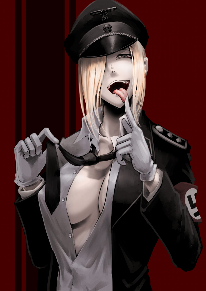 1girl armband blonde_hair buttons collarbone dress_shirt gloves grey_eyes hair_over_one_eye hat hetza_(hellshock) holding jacket licking_hand long_hair long_sleeves looking_at_viewer military military_uniform nazi necktie no_bra open_mouth original pale_skin peaked_cap shirt skull solo swastika tongue tongue_out totenkopf uniform white_gloves