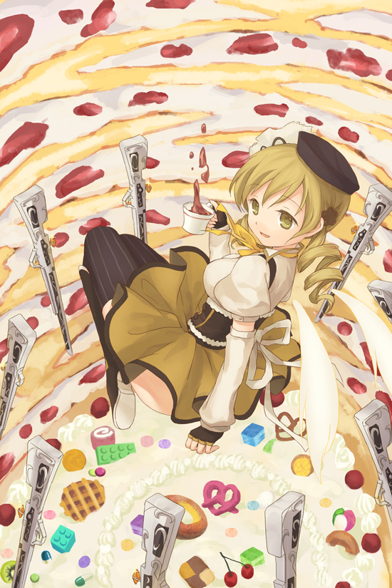 1girl :d blonde_hair cup drill_hair fingerless_gloves from_above gloves gun hat holding looking_at_viewer mahou_shoujo_madoka_magica moai_(aoh) no_panties open_mouth rifle smile solo striped striped_legwear teacup tomoe_mami weapon yellow_eyes