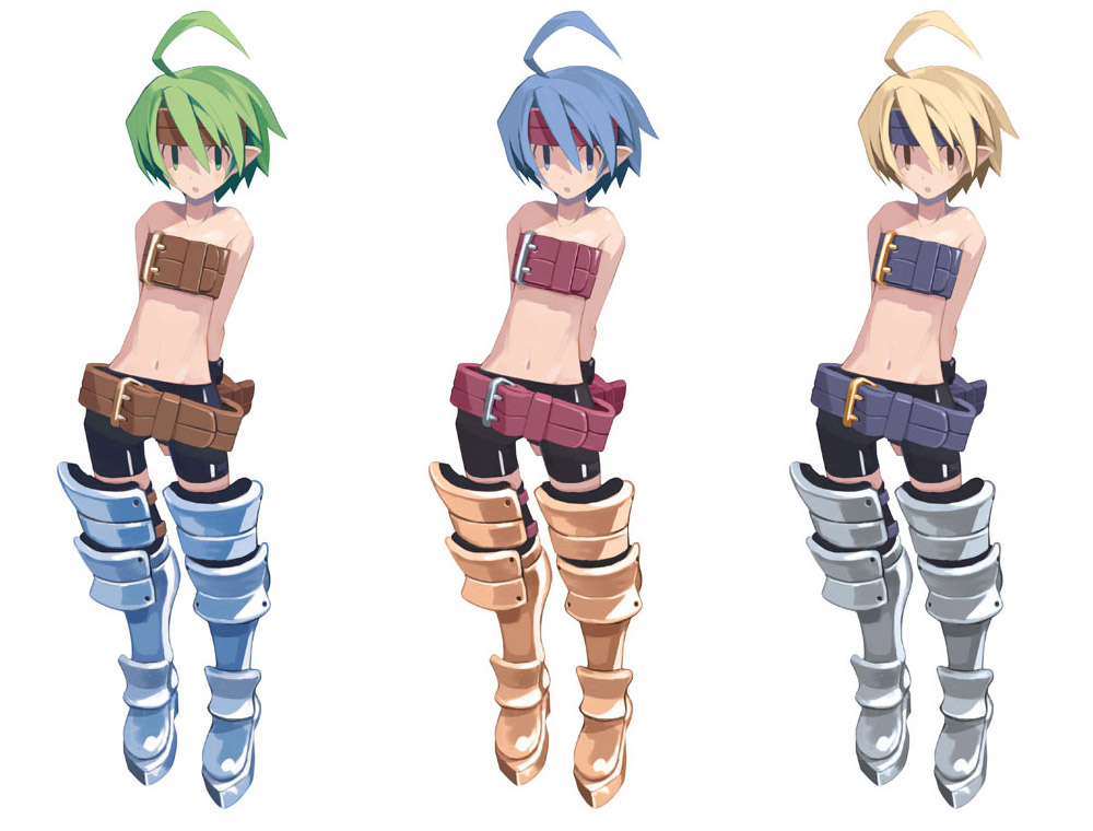 3girls ahoge alternate_color arms_behind_back belt beltbra bike_shorts blonde_hair blue_eyes blue_hair boots brown_eyes character_sheet disgaea disgaea_d2 expressionless female_warrior_(disgaea) greaves green_eyes green_hair harada_takehito headband midriff multiple_girls multiple_persona navel official_art pointy_ears short_hair standing thigh-highs thigh_boots white_background