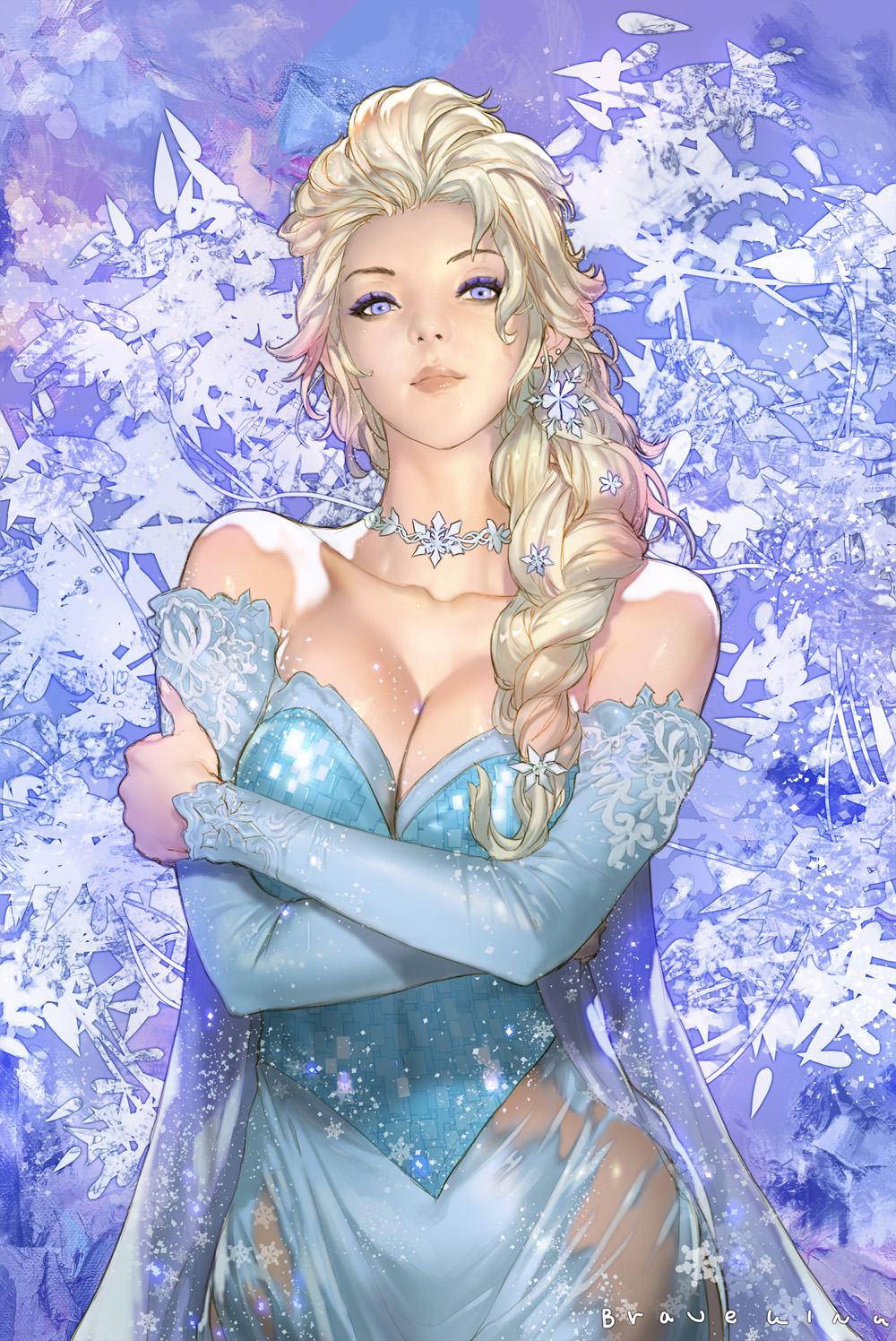 1girl bare_shoulders blonde_hair braid braveking breasts choker cleavage collarbone crossed_arms detached_sleeves dress elsa_(frozen) eyelashes eyeshadow frozen_(disney) hair_ornament highres jewelry lips long_hair looking_at_viewer makeup necklace nose realistic see-through shiny shiny_skin single_braid snowflakes solo strapless_dress violet_eyes