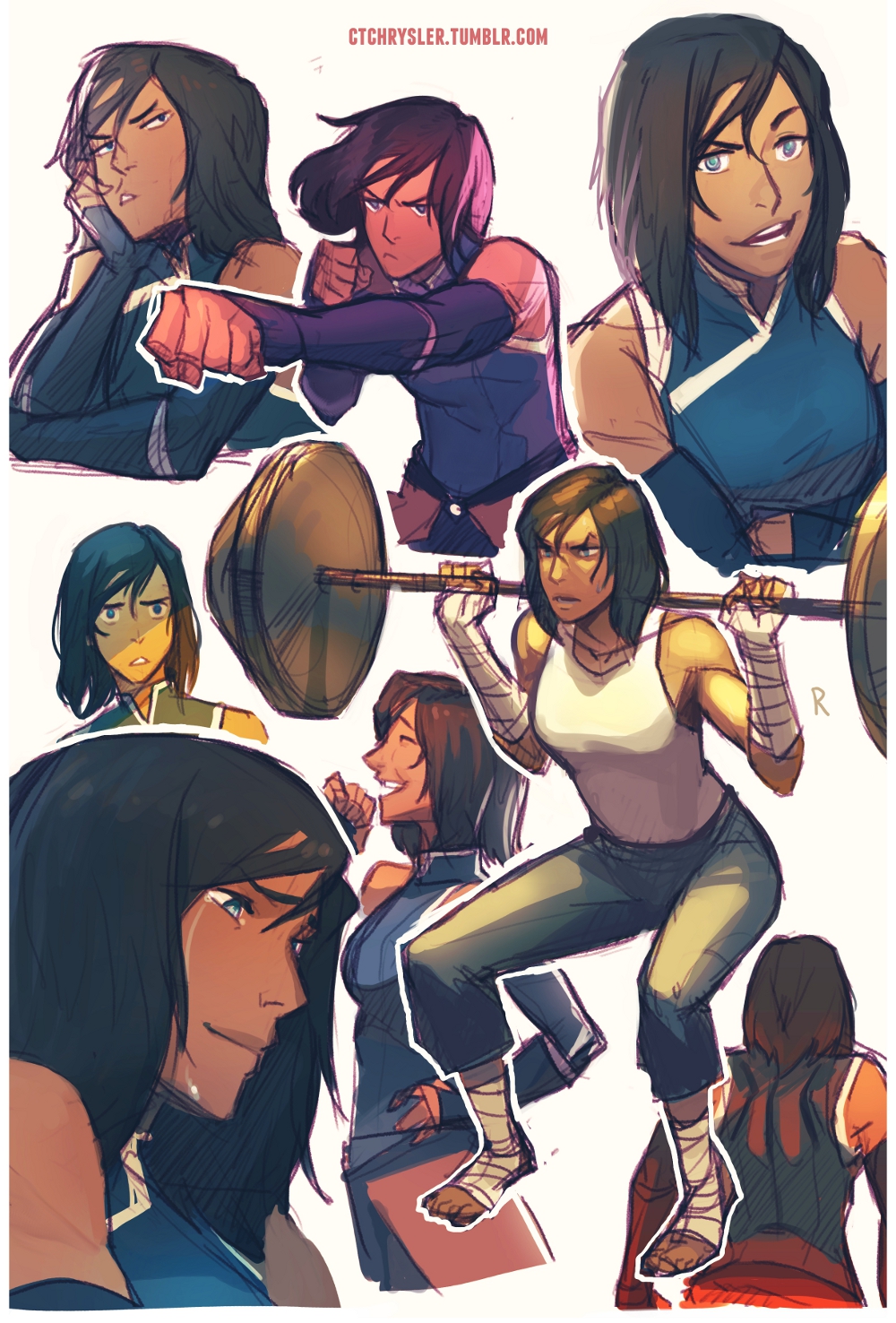1girl alternate_hair_length alternate_hairstyle ankle_wraps avatar:_the_last_airbender barefoot black_hair blue_eyes caleb_thomas chin_rest collage dark_skin detached_sleeves exercise expressions highres korra legend_of_korra punching short_hair solo tank_top weightlifting weights wrist_wraps