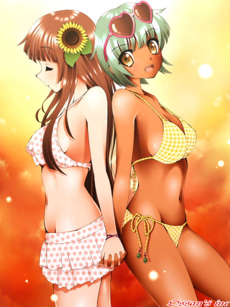 2girls :d back-to-back bangs bare_shoulders bikini breasts brown_eyes brown_hair closed_eyes dark_skin dr_rex flower frilled_swimsuit frills green_hair hair_flower hair_ornament heart-shaped_sunglasses holding_hands interlocked_fingers large_breasts light_particles long_hair looking_at_viewer multiple_girls navel open_mouth original polka_dot polka_dot_swimsuit profile short_hair sideboob smile sunflower sunglasses sunglasses_on_head swimsuit