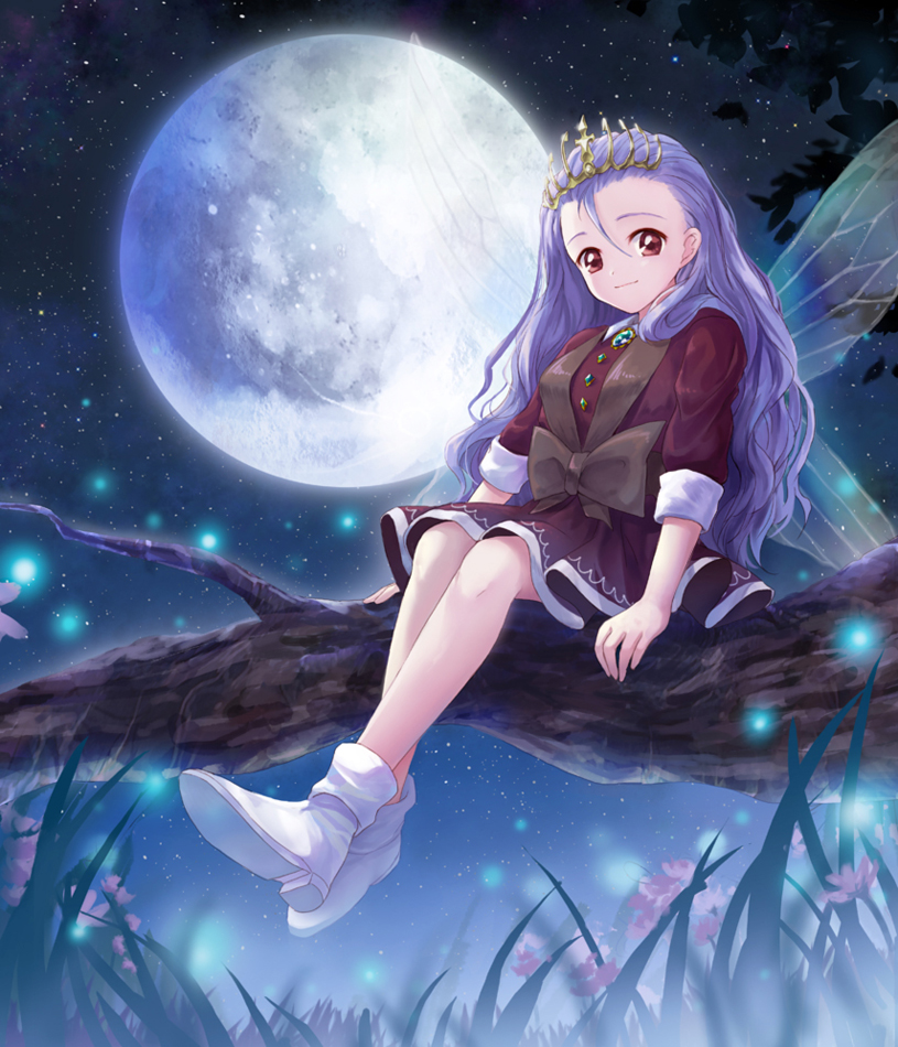 1girl bow brooch brown_eyes dress fairy_wings fireflies flower full_moon grass hair_between_eyes jewelry lisa_(princess_maker) long_hair looking_at_viewer moai_(aoh) moon night night_sky princess_maker_3 purple_hair shoes short_dress sitting sky sleeves_folded_up smile solo star_(sky) starry_sky tiara tree_branch wings