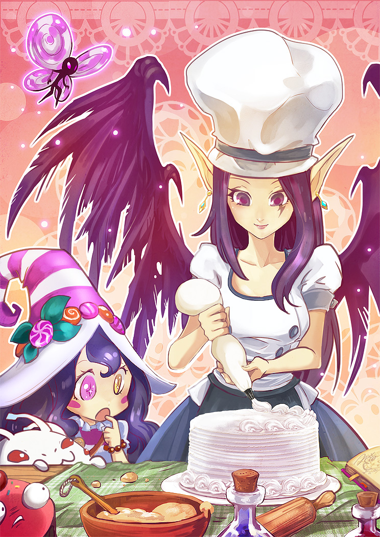 2girls :3 aa2233a blush_stickers bracelet cake cake_batter chef_hat cupcake earrings fairy flask food hat heterochromia icing jewelry kog'maw league_of_legends long_pointy_ears lulu_(league_of_legends) mixing_bowl morgana multiple_girls open_mouth pastry_bag pink_eyes pix pointy_ears potion purple_hair red_eyes rolling_pin smile star star-shaped_pupils symbol-shaped_pupils toque_blanche violet_eyes wings witch_hat yellow_eyes