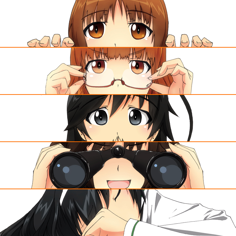 5girls :d adjusting_glasses akiyama_yukari binoculars black_eyes black_hair brown_eyes brown_hair girls_und_panzer glasses isuzu_hana kaya_(nari1-24) kilroy_was_here looking_at_viewer multiple_girls nishizumi_miho open_mouth reizei_mako sleeping smile takebe_saori