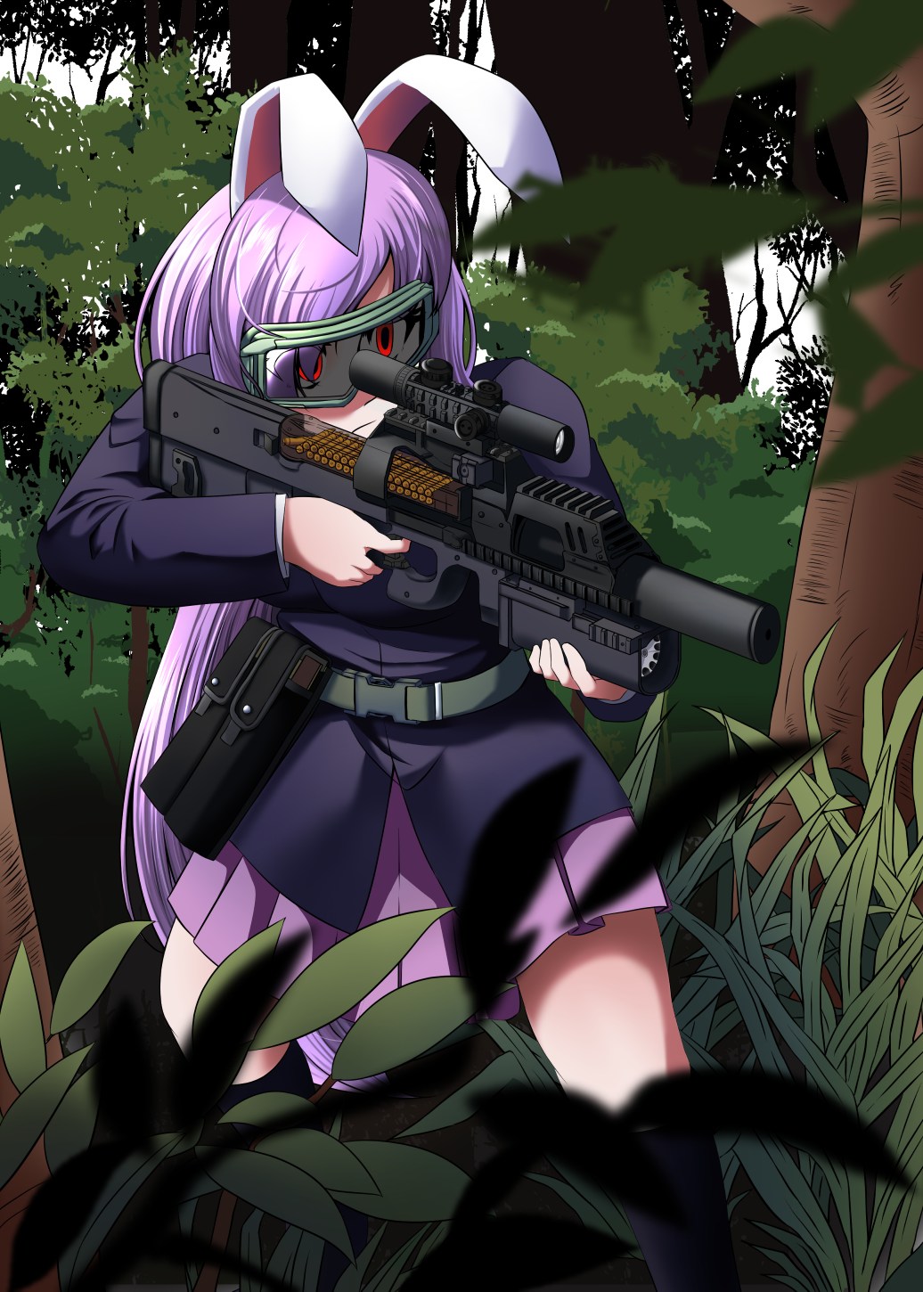 1girl adapted_costume airsoft animal_ears bag belt blurry bullpup commentary_request depth_of_field forest goggles grass grenade_launcher gun highres jacket kouno_ibuki long_hair long_sleeves nature p90 pleated_skirt purple_hair rabbit_ears red_eyes reisen_udongein_inaba rifle scope skirt solo submachine_gun suppressor touhou very_long_hair weapon