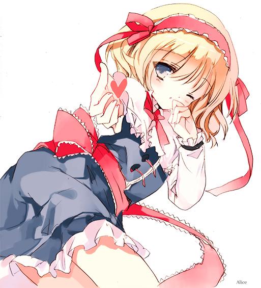 1girl alice_margatroid blonde_hair blue_dress blue_eyes bow capelet cierra_(ra-bit) dress frills hairband heart lolita_hairband long_sleeves looking_at_viewer lying on_side one_eye_closed outstretched_arm ribbon sash short_hair simple_background solo touhou white_background