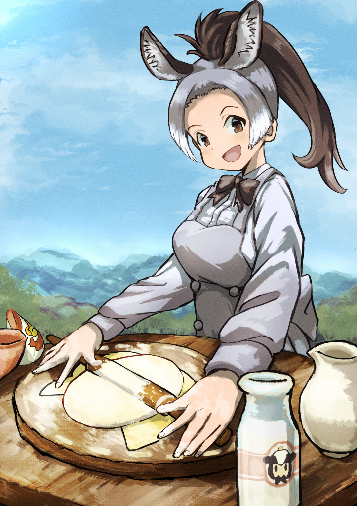 1girl :d animal_ears bottle bow bowtie brown_eyes brown_hair collared_shirt day donkey_(kemono_friends) donkey_ears dress dress_shirt extra_ears fingernails flour food grey_apron grey_hair high_ponytail kemono_friends long_hair long_sleeves looking_at_viewer milk milk_bottle multicolored_hair open_mouth outdoors outstretched_hand render_hatch rolling_pin shirt smile solo upper_body white_hair white_shirt wing_collar