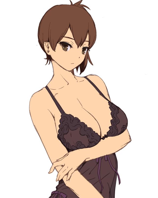 1girl bare_shoulders breast_hold breasts brown_eyes brown_hair bust cleavage cozy kaga_(kantai_collection) kantai_collection lingerie negligee side_ponytail simple_background solo underwear white_background