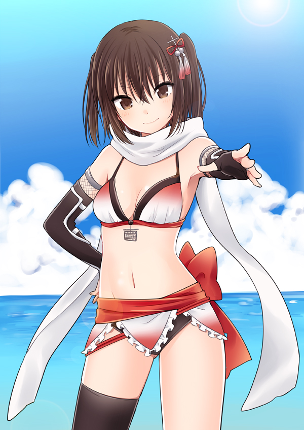 1girl adapted_costume armpits bikini bikini_skirt breasts brown_eyes brown_hair clouds cowboy_shot elbow_gloves fingerless_gloves gloves horizon ica kantai_collection light_smile navel ocean scarf sendai_(kantai_collection) single_thighhigh swimsuit thigh-highs two_side_up