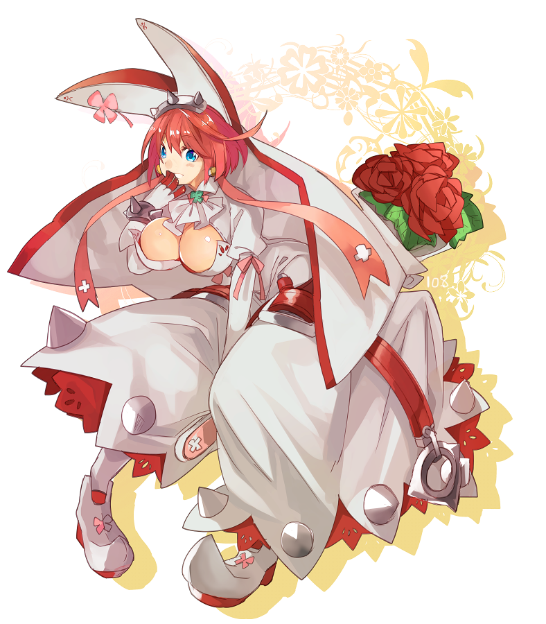 1girl breasts cleavage cleavage_cutout clover commentary_request earrings elphelt guilty_gear guilty_gear_xrd hyakuhachi_(over3) jewelry orippa solo veil