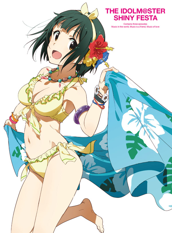 1girl :d armband bare_shoulders barefoot bikini bracelet breasts brown_eyes cleavage cover dvd_cover floral_print flower frilled_bikini frills green_hair hair_flower hair_ornament hairband idolmaster jewelry leg_up looking_at_viewer mole necklace official_art open_mouth otonashi_kotori short_hair side-tie_bikini smile solo swimsuit towel