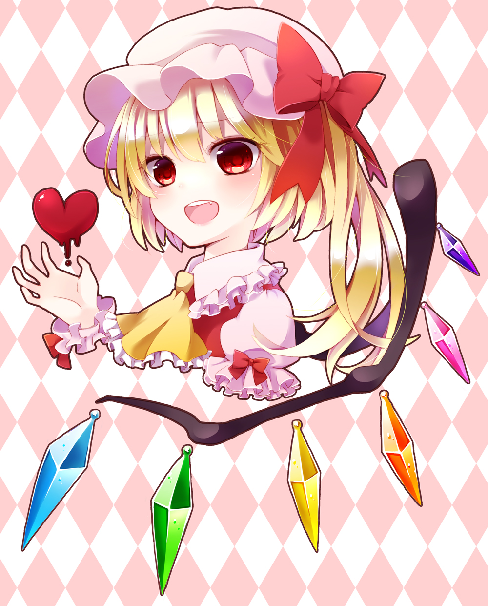 1girl argyle argyle_background ascot blonde_hair bow bust chitose_(usacan) flandre_scarlet hat hat_bow heart highres mob_cap open_mouth puffy_short_sleeves puffy_sleeves red_eyes short_sleeves side_ponytail smile solo touhou wings wrist_cuffs
