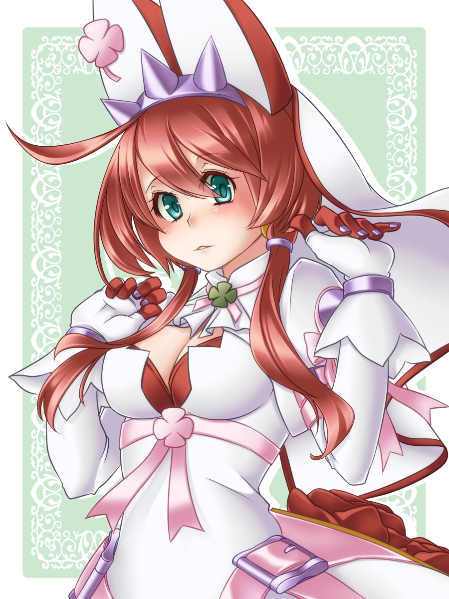 1girl breasts cleavage cleavage_cutout clover commentary_request elphelt flower four-leaf_clover gloves green_eyes guilty_gear guilty_gear_xrd highres orippa payot redhead rose solo
