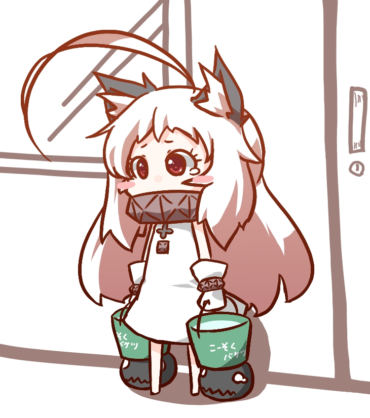 1girl ahoge animal_ears blush_stickers bucket carrying cat_ears chibi commentary_request inori_(xyz5568) kantai_collection kemonomimi_mode mittens northern_ocean_hime pale_skin punishment red_eyes shinkaisei-kan standing tears translated white_hair